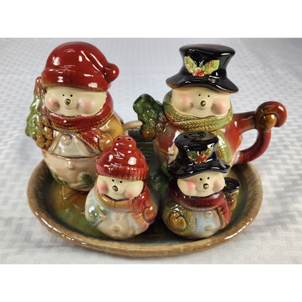 Festive Snowman Hostess Set Cream & Sugar, Salt & Pepper Holiday Party Decor